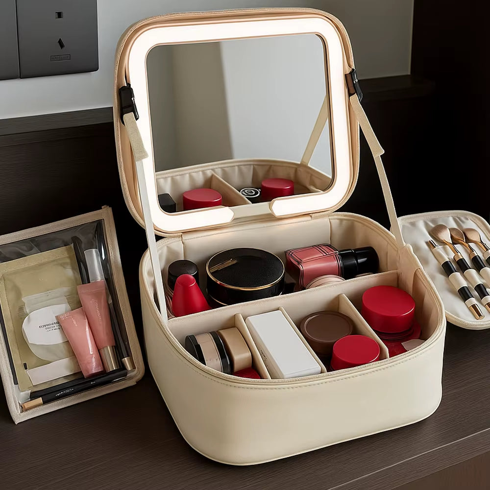 MKW7423 Large Makeup Bag with LED Mirror Women Travel Cosmetic Toiletry Bag PU Leather Portable Organizer Case with Handle