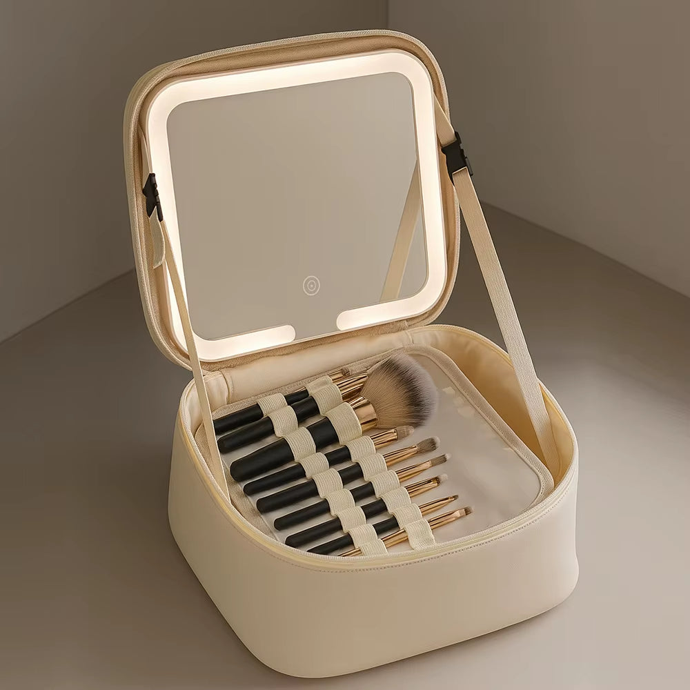 MKW7423 Large Makeup Bag with LED Mirror Women Travel Cosmetic Toiletry Bag PU Leather Portable Organizer Case with Handle