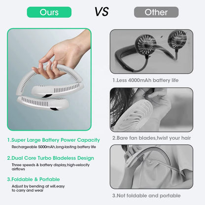 New Design Foldable LED Digital Display Outdoor Rechargeable Electric Air Cooling Portable Bladeless Neck Fan with Three Speed