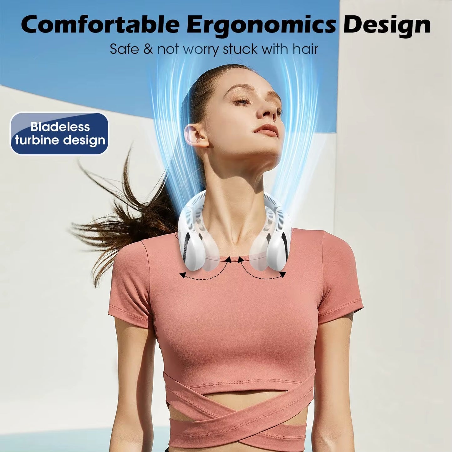New Design Foldable LED Digital Display Outdoor Rechargeable Electric Air Cooling Portable Bladeless Neck Fan with Three Speed