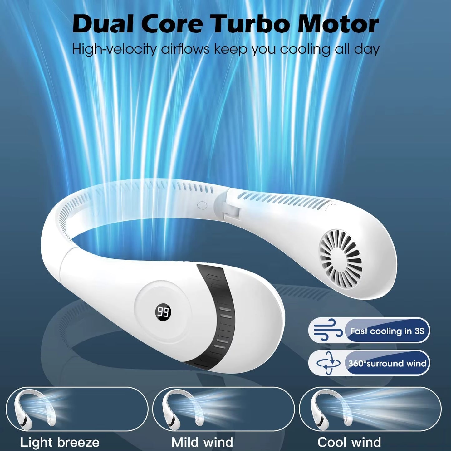New Design Foldable LED Digital Display Outdoor Rechargeable Electric Air Cooling Portable Bladeless Neck Fan with Three Speed
